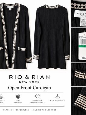 Black Open Front Cardigan with Contrast Trim Rio & Rion L NWT